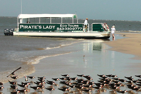 The St. John's Pirate Lady boat stopped at a beach in John's Island, South Carolina, where guests staying at Xplorie participating properties can enjoy a free admission.