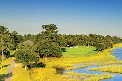 An aerial view of the golf course at Stono Ferry Golf Club in Hollywood, South Carolina where guests staying at Xplorie participating properties.