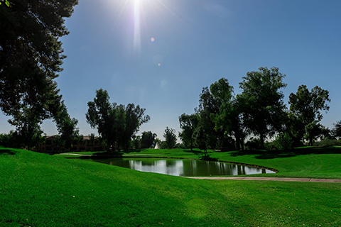 A view of the beautiful sunlit course at Starfire Golf Club in Scottsdale, Arizona, where guests staying at Xplorie participating properties can enjoy a free round of golf.