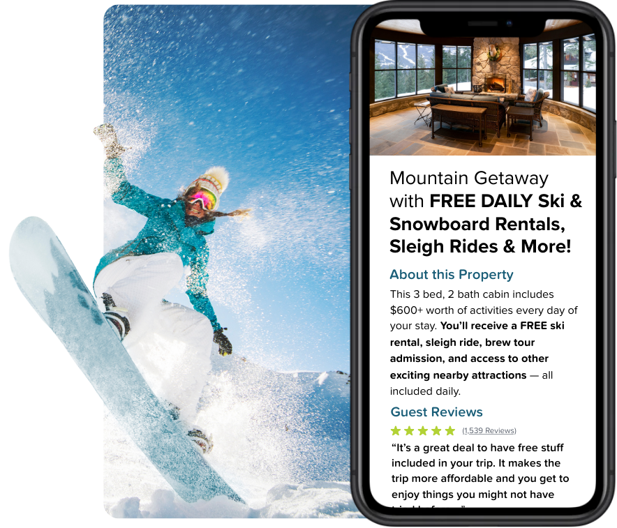 Skier beside image of mobile phone with Vacation Rental Listing free activities